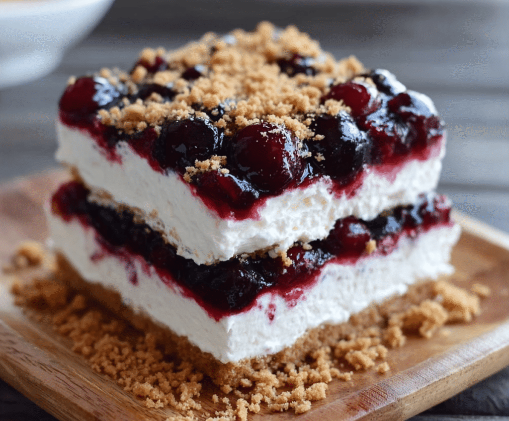 Delicious No-Bake Cranberry Yum Yum dessert with fresh cranberries and creamy topping