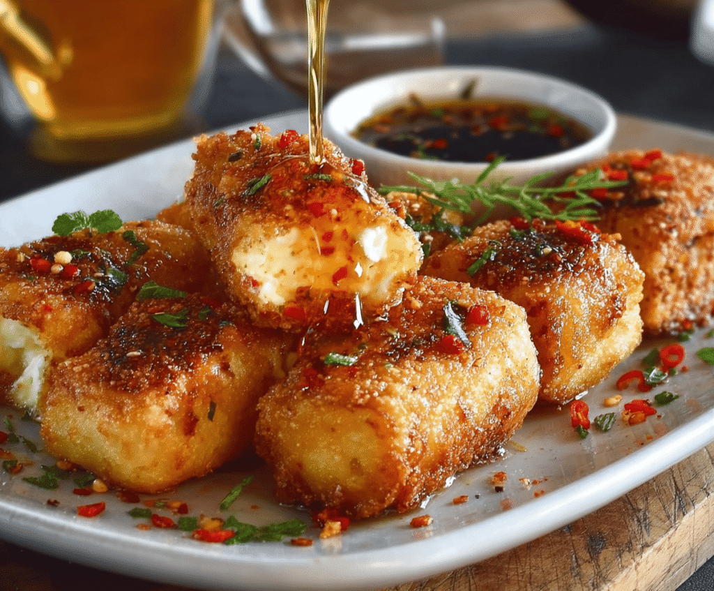 Delicious Oven Fried Feta Rolls topped with spicy chili honey on a rustic platter.