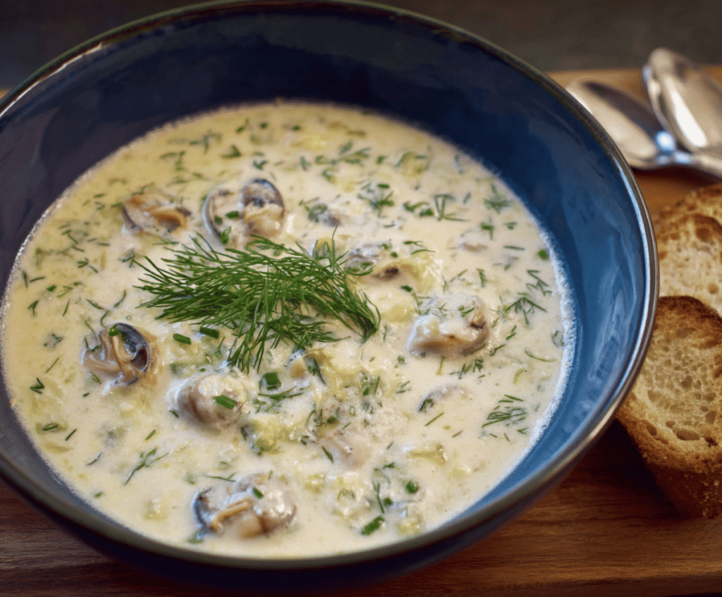 Delicious oyster stew in a bowl with fresh herbs, perfect for a warm seafood meal.