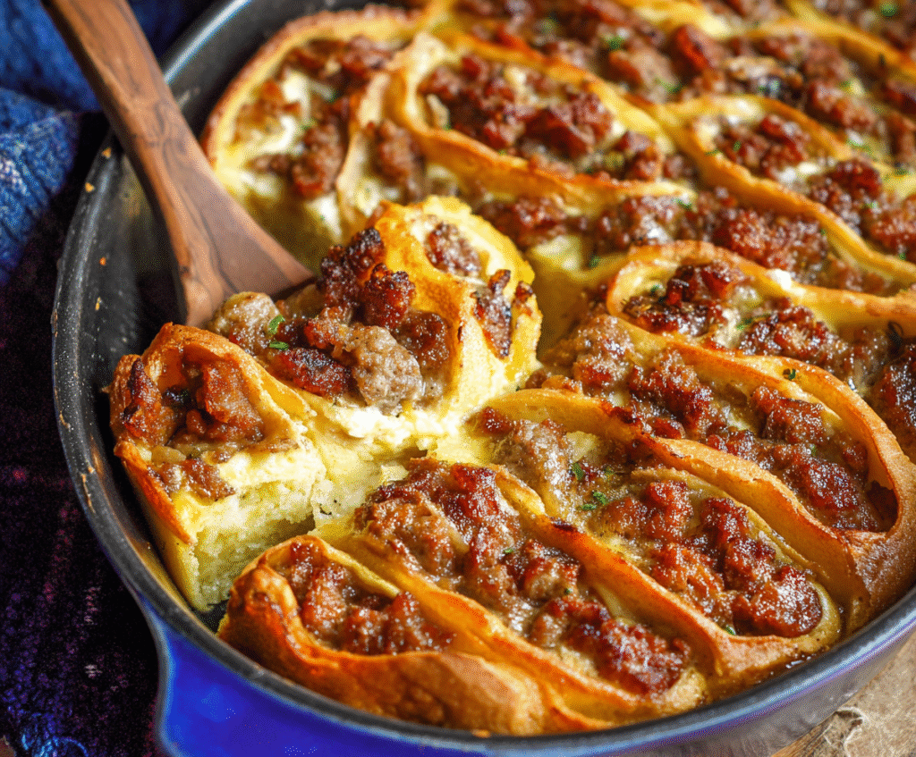 Delicious pancake sausage casserole with golden-brown pancakes, savory sausage, and melted cheese, ready to serve.