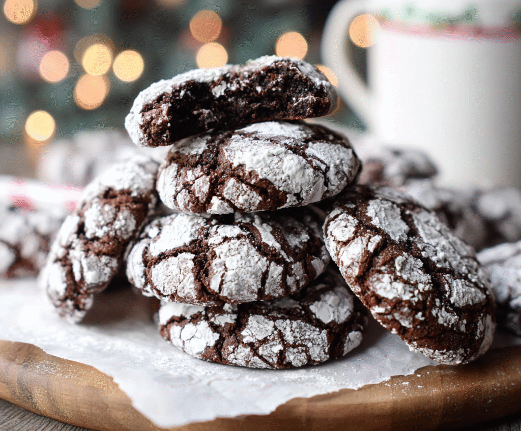 Delicious peppermint chocolate crinkle cookies with powdered sugar and festive holiday decoration.
