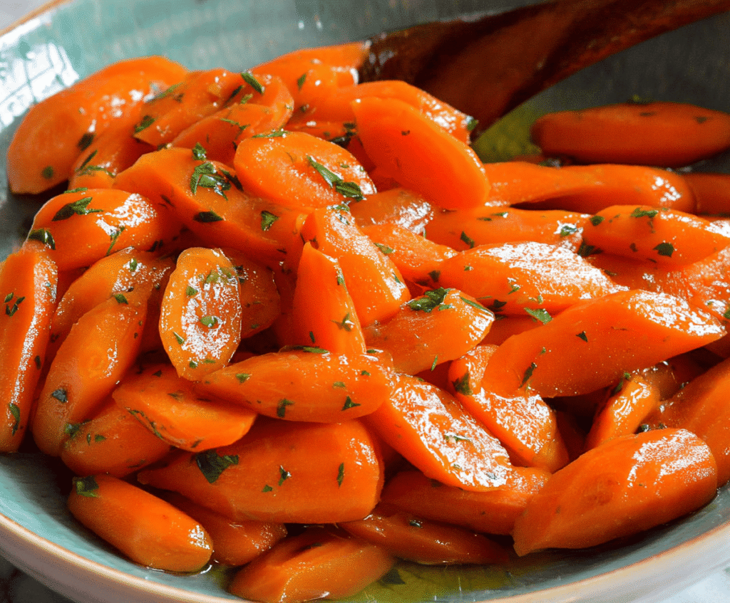 Delicious glazed carrots cooked to perfection with a shiny sweet glaze on a white plate.