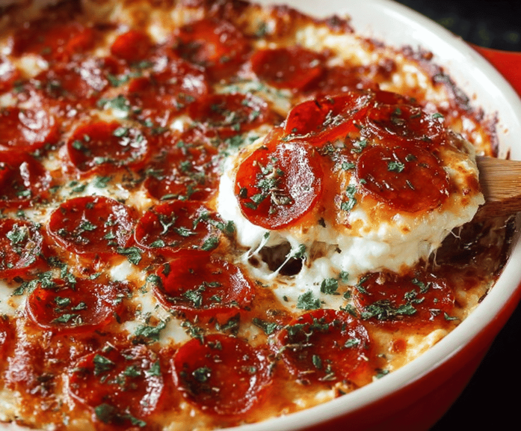 Delicious creamy pizza dip with melted cheese and toppings served with crackers.