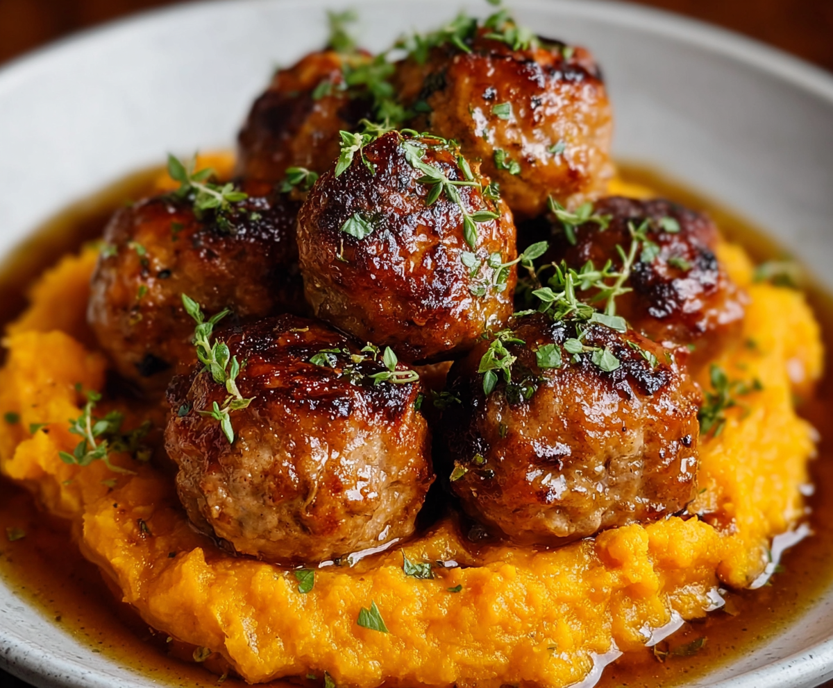 Easy Pork Meatballs with Sweet Potato Mash