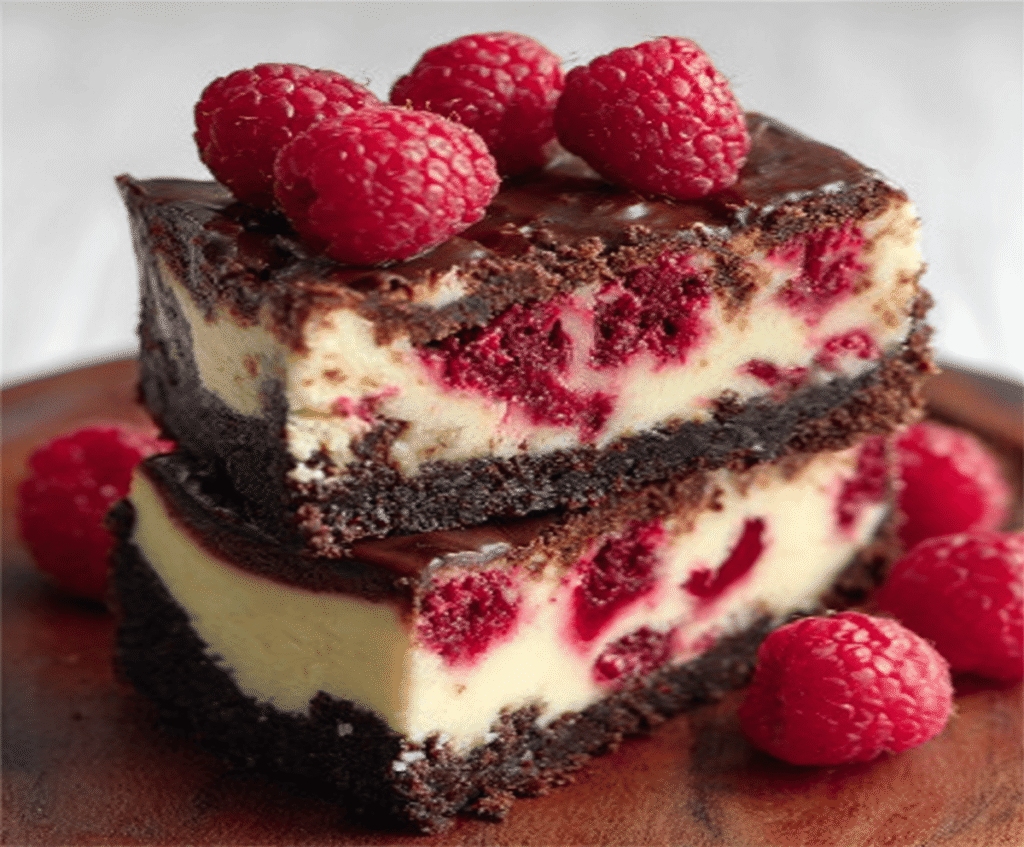 Delicious Raspberry Brownie Cheesecake topped with fresh raspberries and a chocolate drizzle.