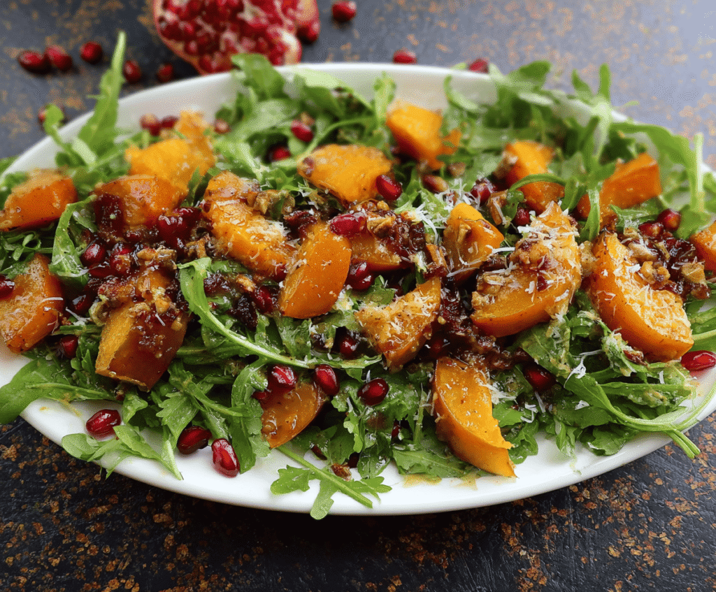 Colorful roasted butternut squash salad topped with fresh herbs and served with warm cider vinaigrette.