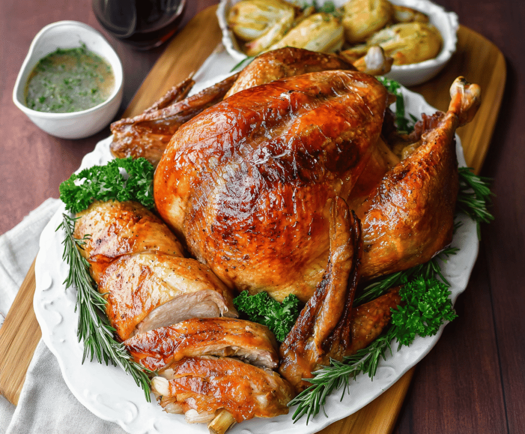 Juicy roasted turkey glazed with bourbon and garnished with garlic and zest for a flavorful holiday feast.