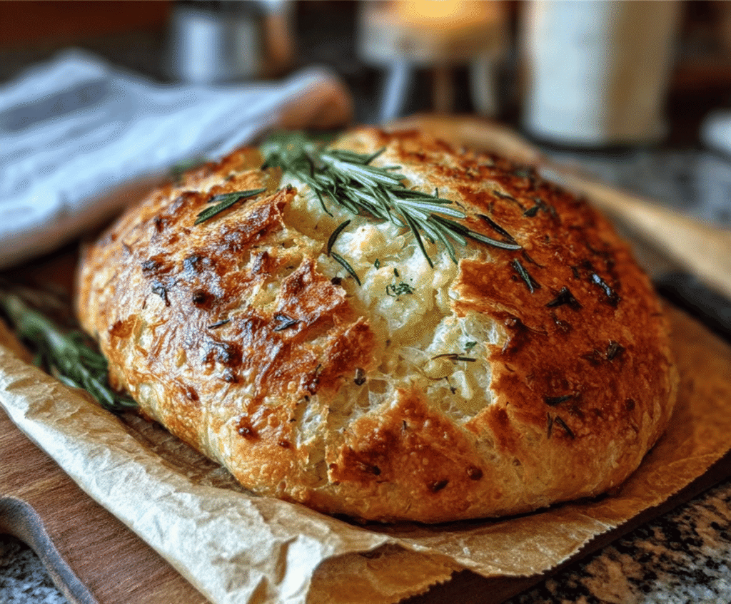 Golden crusty Rustic No-Knead Rosemary Garlic Bread on a wooden board highlighting its aromatic herbs and crispy texture.