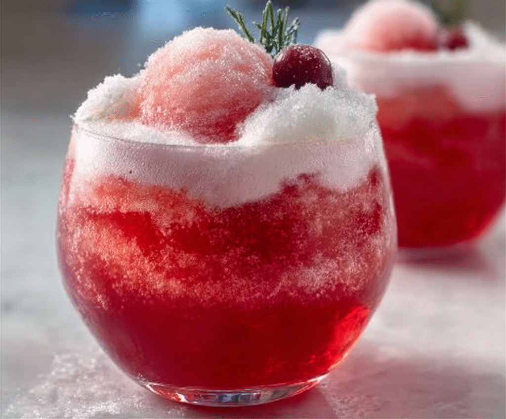 Festive Santa Snowball Punch in a decorative glass pitcher with holiday garnishes, perfect for Christmas parties.