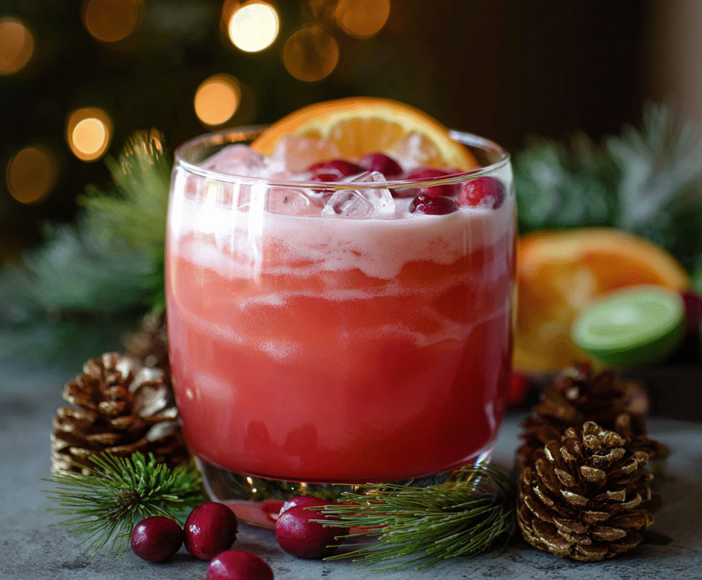 Festive Sherbet Christmas Punch in a clear glass pitcher with colorful holiday garnishes.