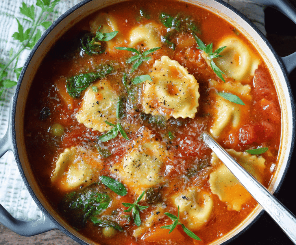 Bowl of hearty Ravioli Soup with fresh herbs, demonstrating a simple one-pot recipe for a quick, delicious meal.