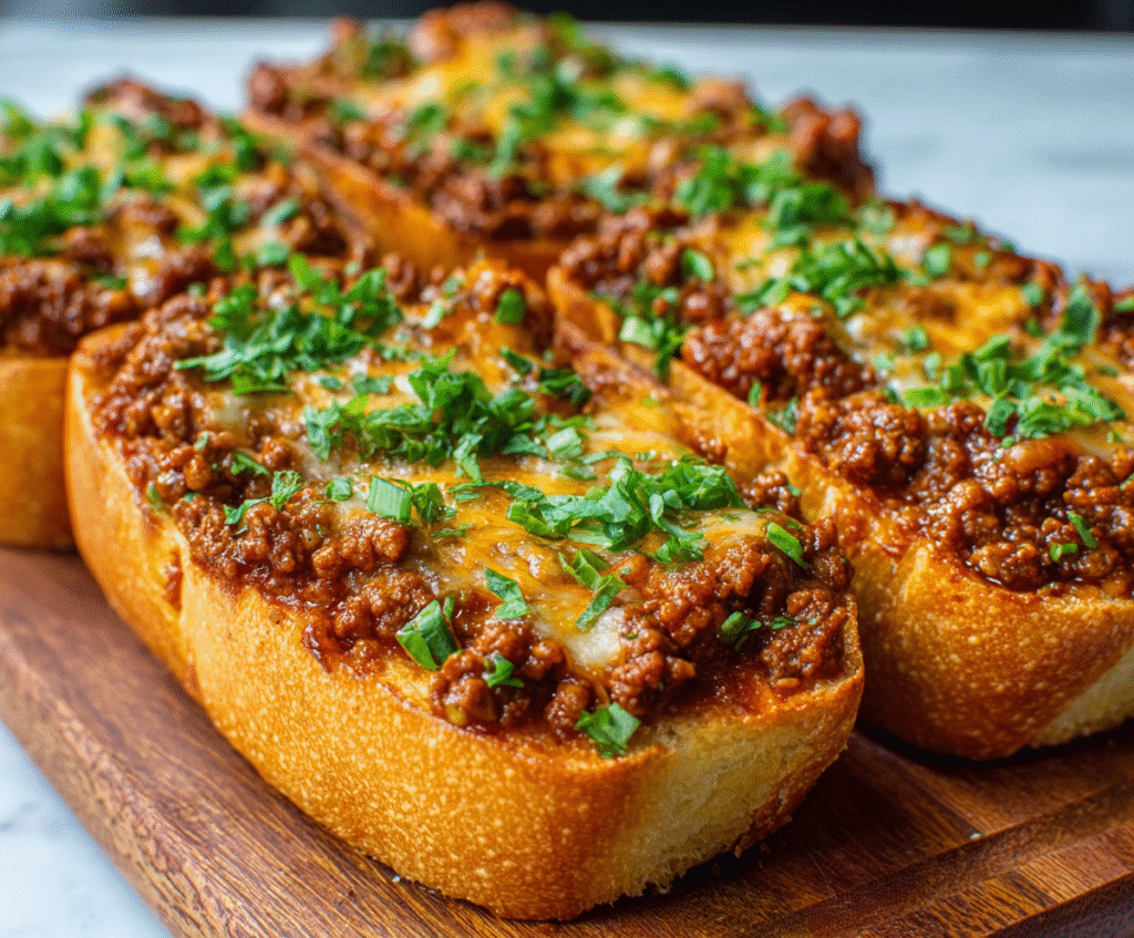 Delicious Sloppy Joe served with crispy garlic bread on a plate.