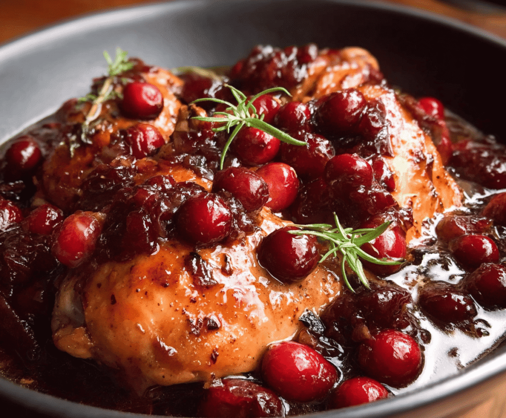 Delicious slow cooker cranberry chicken served with fresh herbs and sides