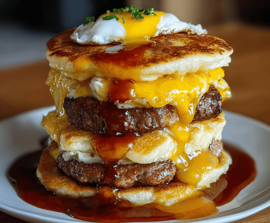 Savory smash burger pancakes with melted cheese and fresh toppings, breakfast twist on classic burger flavors