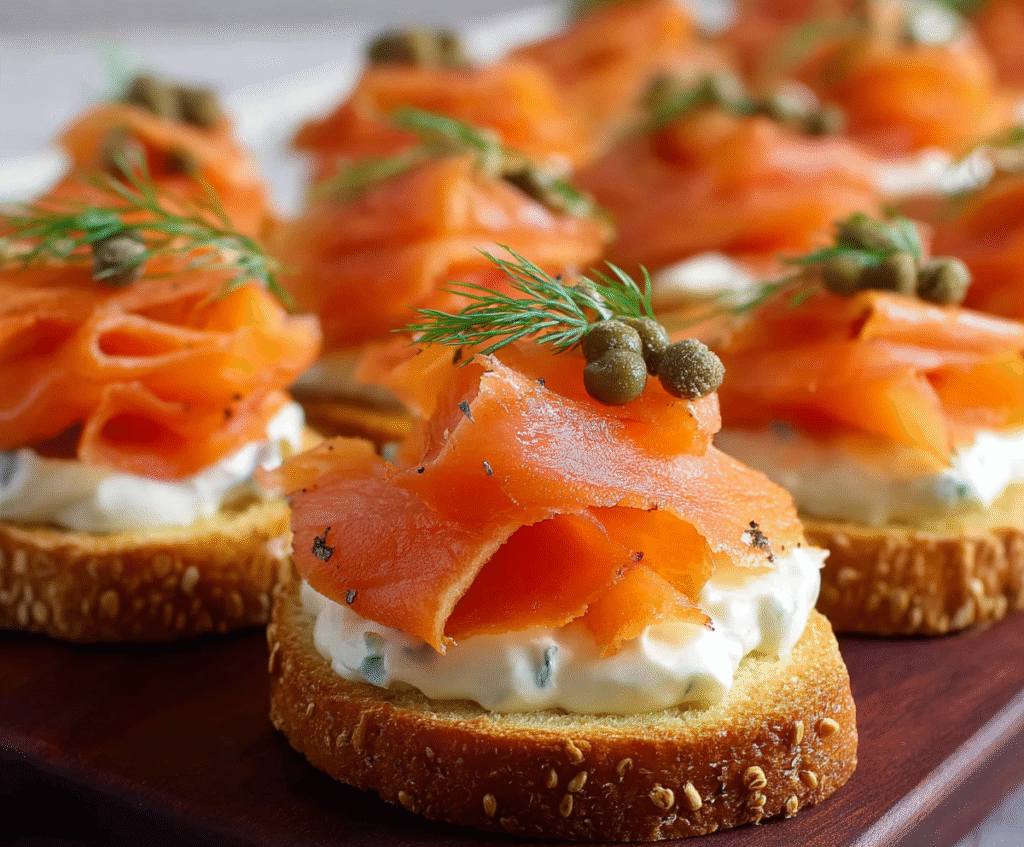 Delicious smoked salmon appetizer garnished with fresh herbs on a white plate.