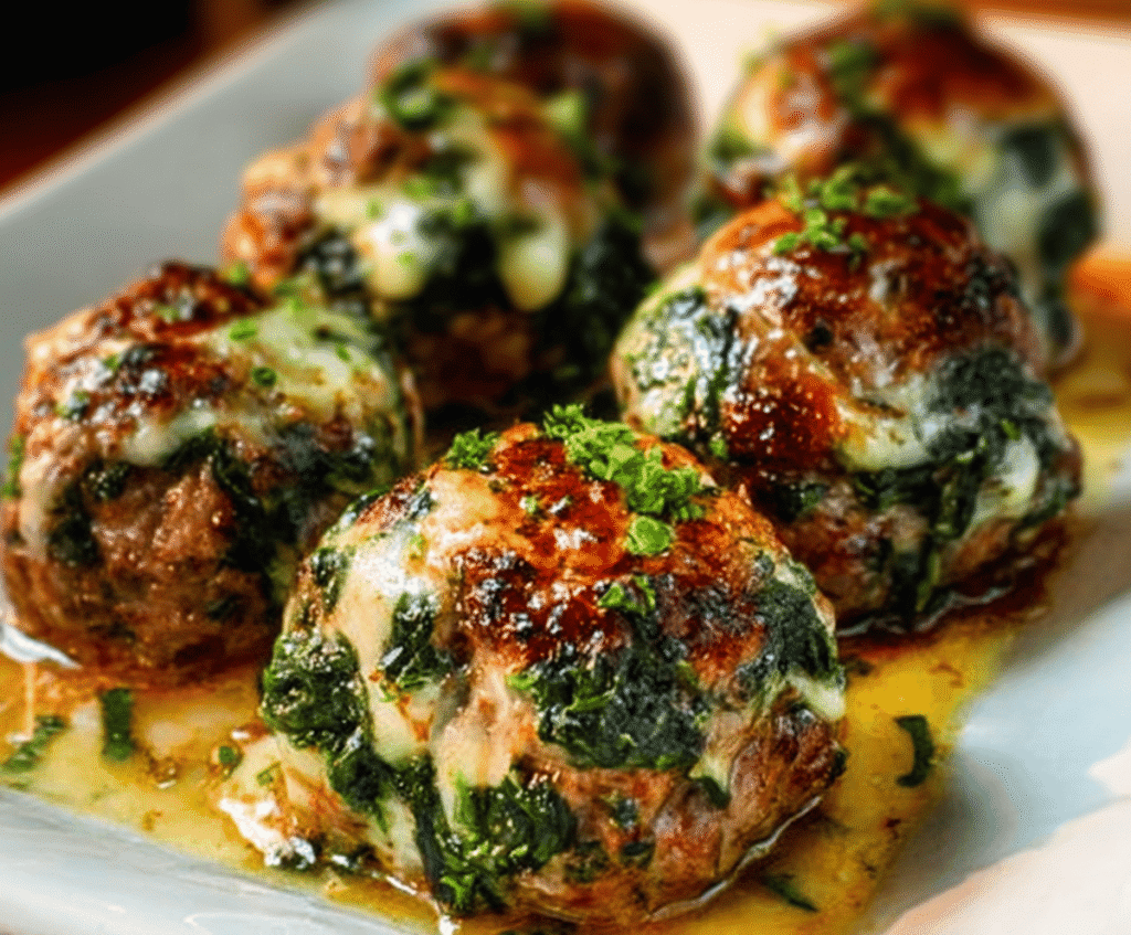 Delicious spinach garlic meatballs stuffed with melted mozzarella cheese on a serving plate.