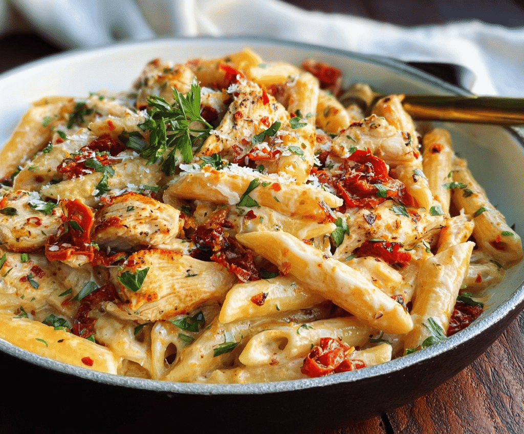 Delicious Sun-Dried Tomato Chicken Pasta dish with tender chicken, sun-dried tomatoes, and al dente pasta garnished with herbs