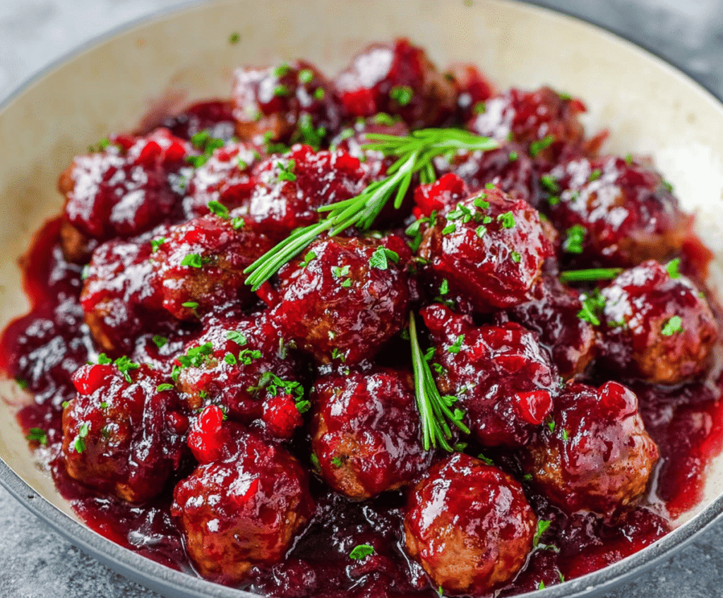 Delicious sweet and savory cranberry glazed meatballs served on a white plate.