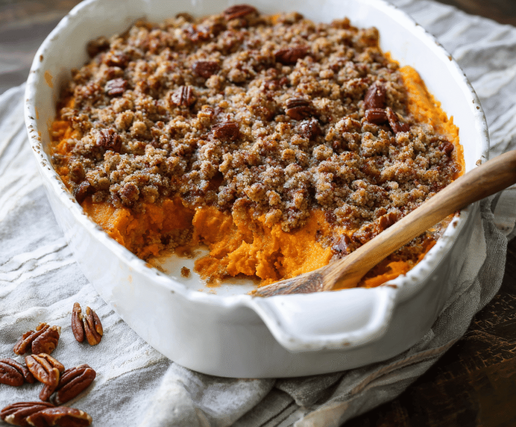 Delicious sweet potato casserole topped with crunchy pecan streusel, perfect for holiday dinners.