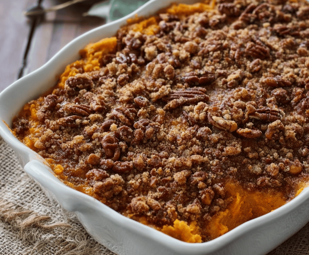 Easy Sweet Potato Casserole with Pecan Topping