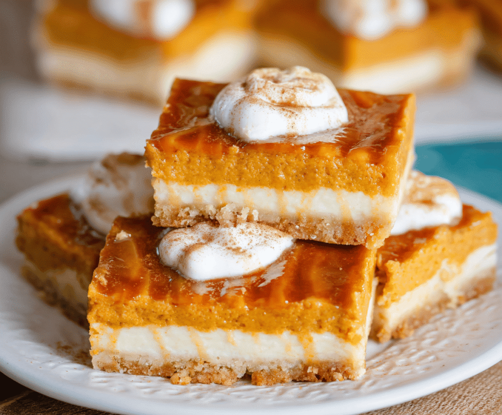 Delicious sweet potato cheesecake bars with a creamy topping and graham cracker crust