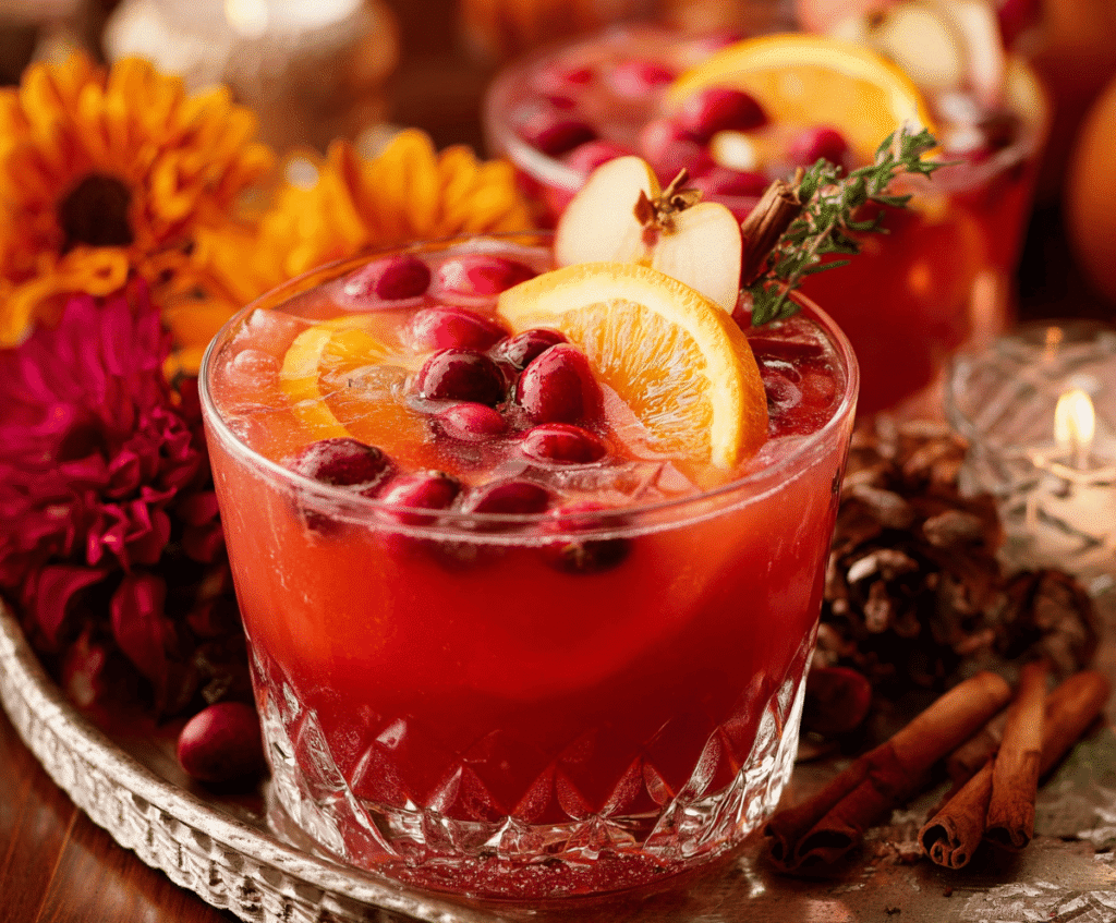Festive Thanksgiving punch with colorful fruits and ice cubes in a glass pitcher