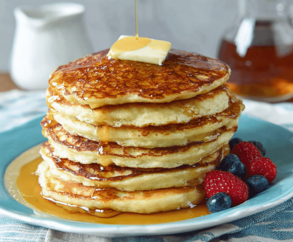 Fluffy buttermilk pancakes stacked on a plate with syrup and fresh berries.