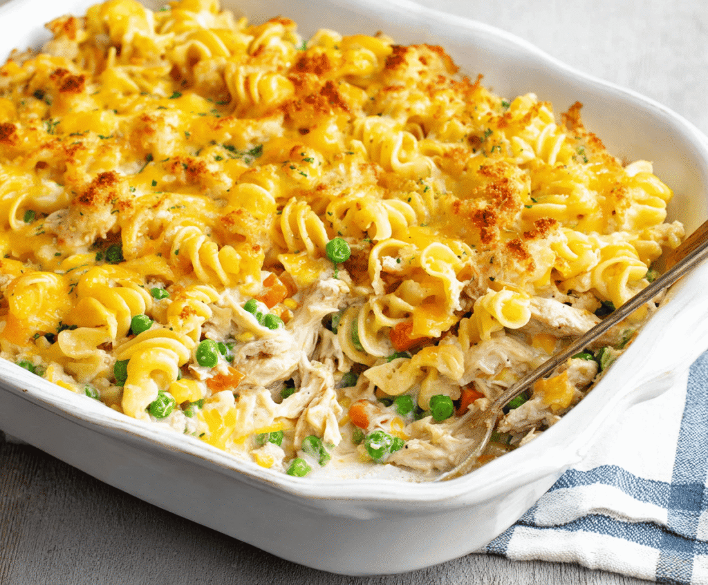 Delicious Turkey Noodle Casserole with melted cheese and savory ingredients on a baking dish.