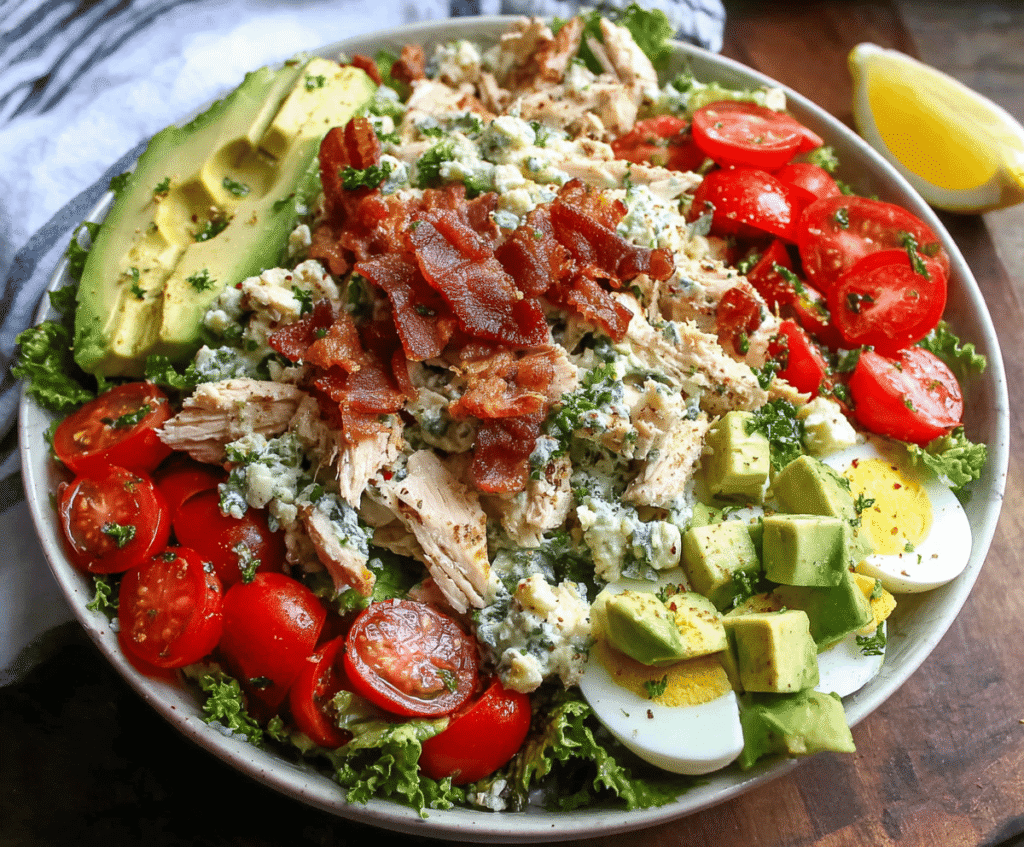 Delicious Ultimate BLT Chicken Salad with crispy bacon, fresh lettuce, and tender chicken in a bowl.