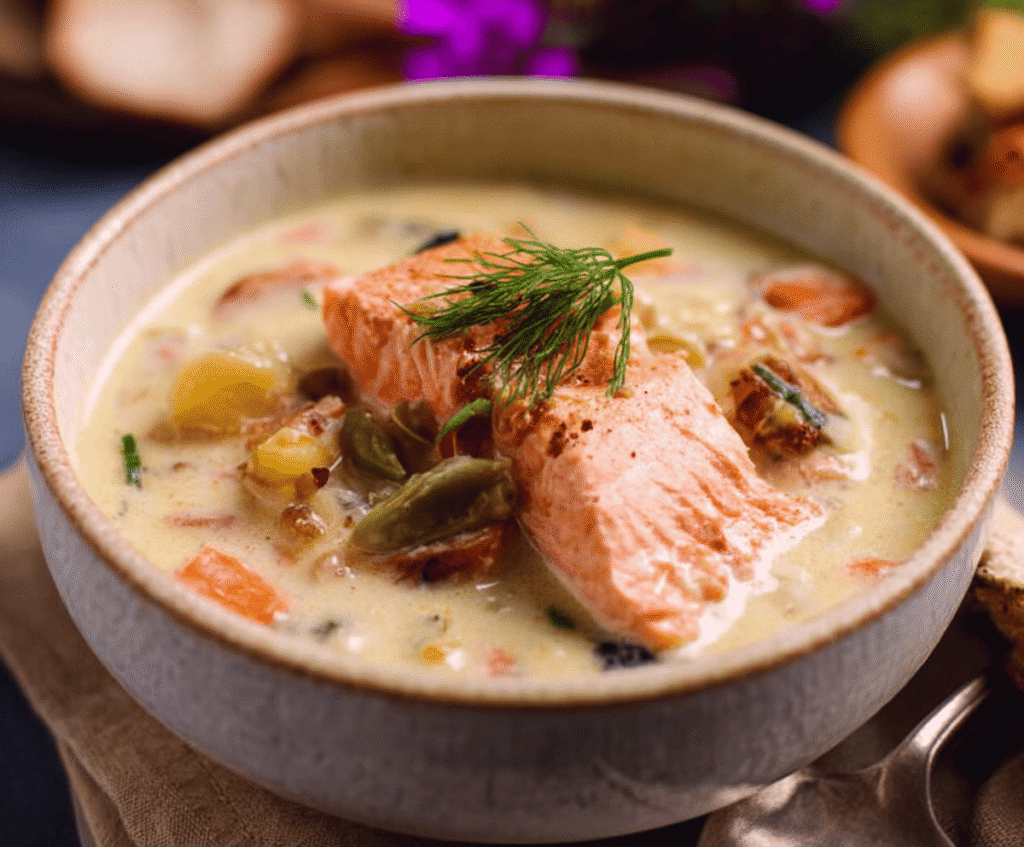 Creamy wild salmon chowder served in a rustic bowl with fresh herbs and vegetables.