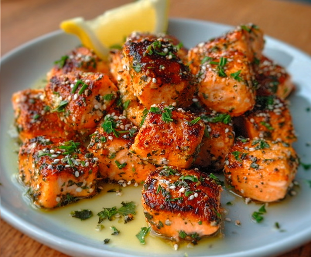 Delicious Air Fryer Salmon Bites served with lemon and herbs, perfect for a healthy snack or appetizer.