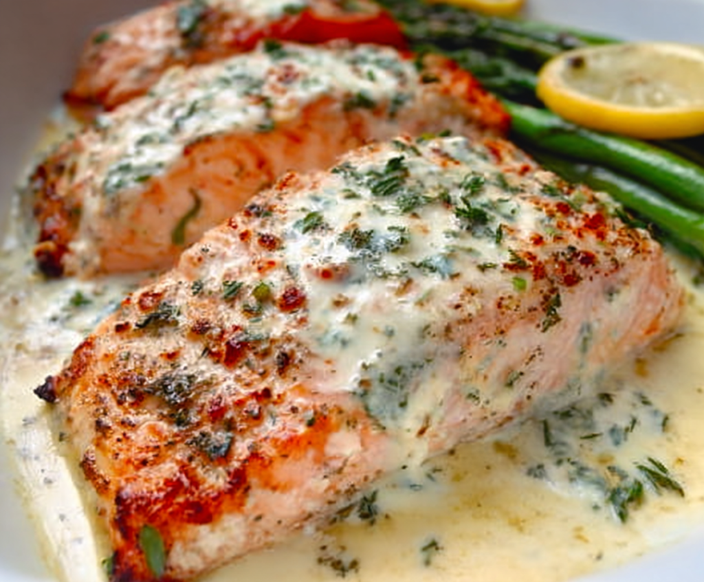 Delicious baked Boursin salmon fillet garnished with herbs on a white plate.