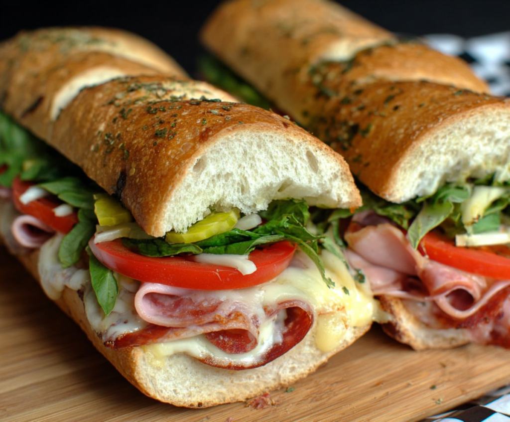 Delicious baked Italian sub sandwiches with melted cheese, cooked ham, and fresh vegetables.