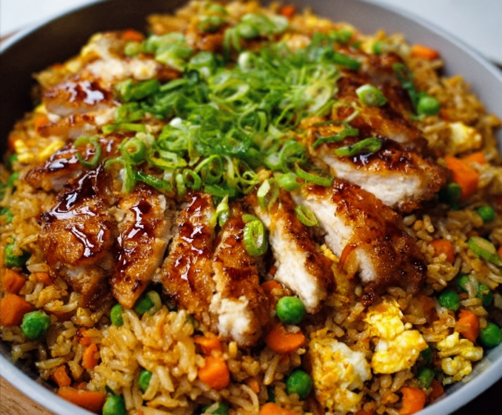 Delicious Bang Bang Chicken Fried Rice with tender chicken pieces and colorful vegetables served on a plate.