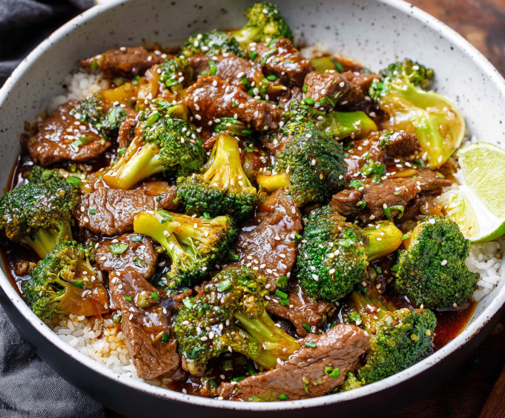 Delicious beef and broccoli stir fry with tender meat and fresh greens served in a savory sauce.