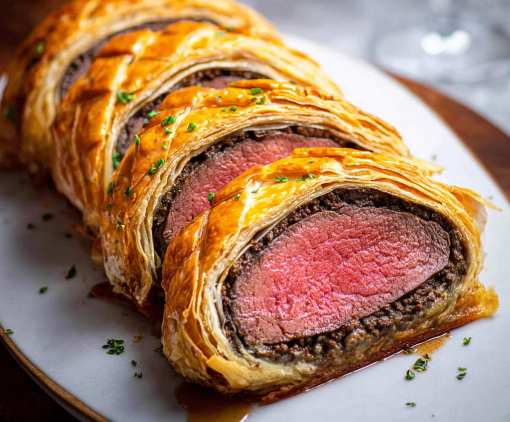 Delicious Beef Wellington with golden pastry crust and tender beef fillet, garnished with fresh herbs.