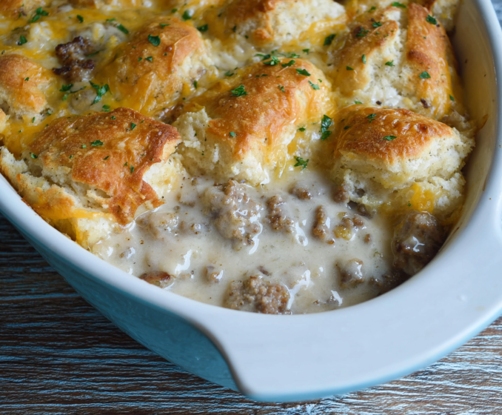 Delicious Biscuits and Gravy Breakfast Casserole with golden biscuits and creamy gravy for a hearty morning meal