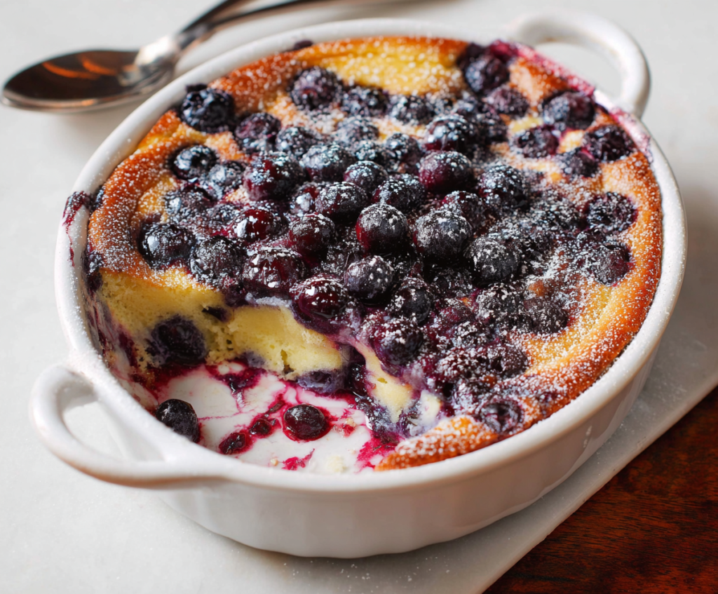 Delicious Blueberry-Ginger Clafoutis served on a white plate, highlighting its golden-brown crust and vibrant blueberries.