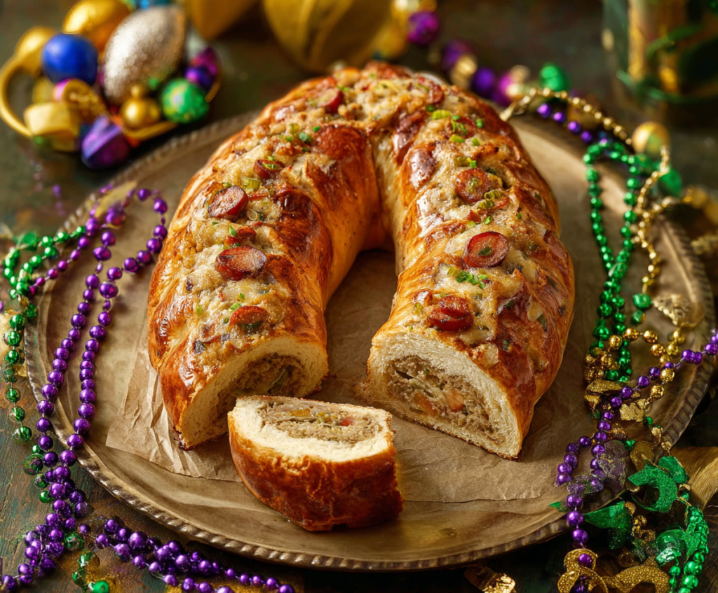 Delicious Boudin King Cake with colorful icing and festive decorations, perfect for celebrations.