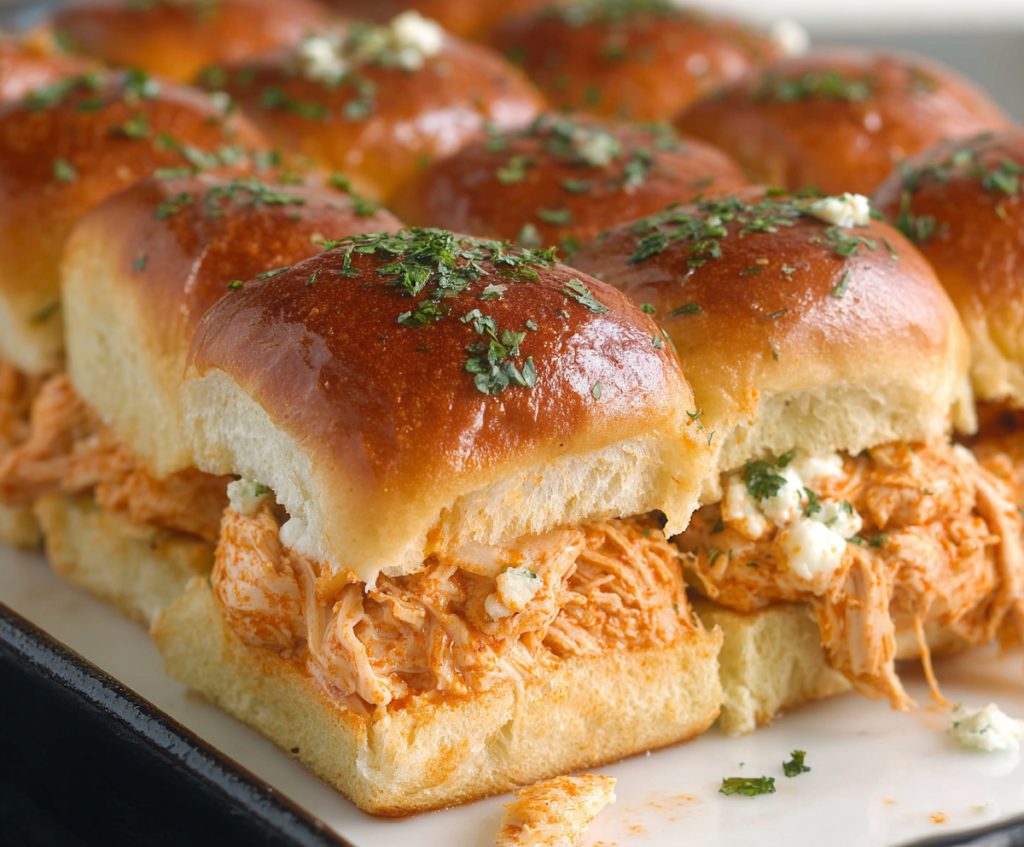 Delicious Buffalo Chicken Sliders topped with blue cheese crumbles and fresh celery on a white plate.