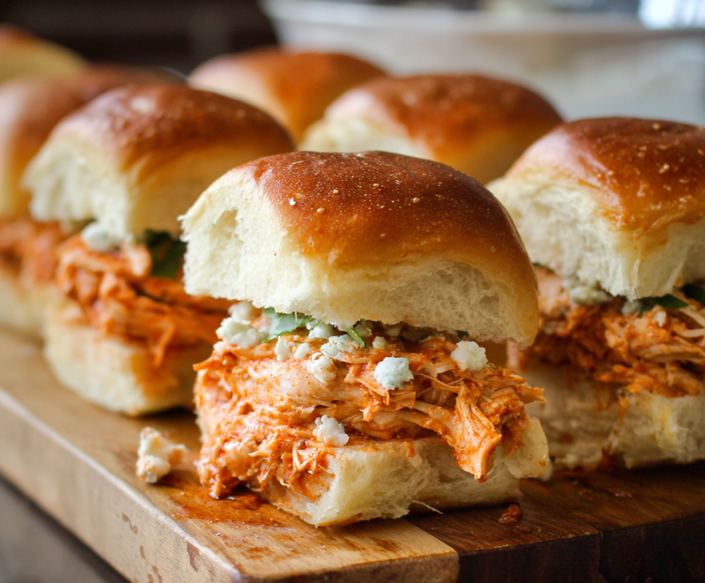 Delicious buffalo chicken sliders topped with creamy blue cheese and fresh celery in soft slider buns.