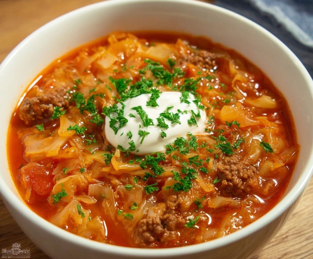 Delicious Cabbage Roll Soup in a bowl with fresh herbs