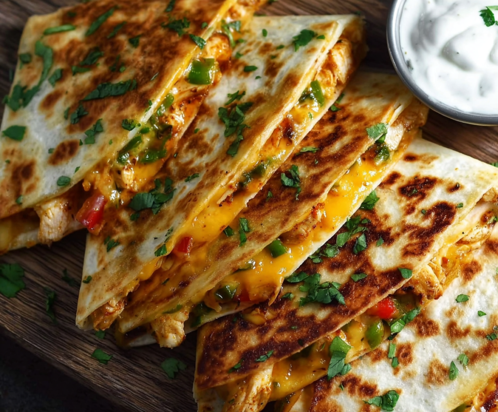 Delicious cheesy hot honey chicken quesadillas topped with spicy jalapeño cream sauce on a plate.