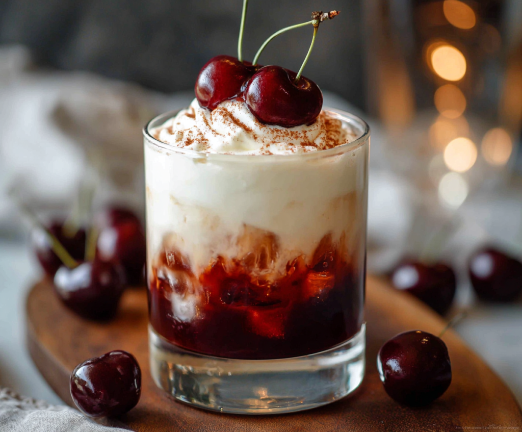Delicious Cherry White Russian cocktail with cherry and creamy texture in a glasses