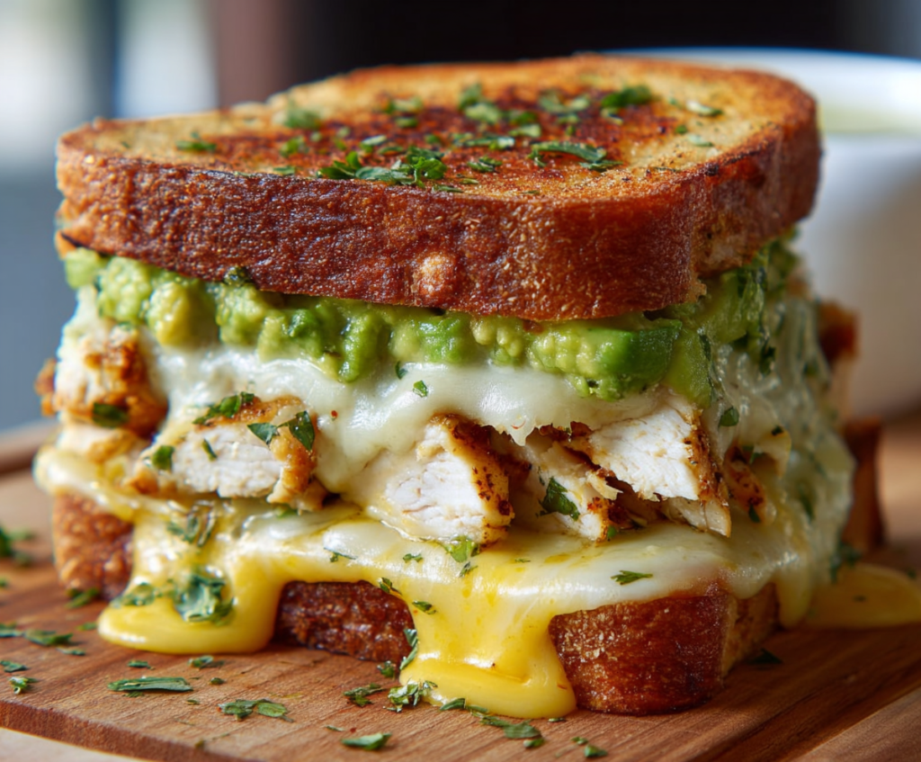 Delicious Chicken Avocado Melt Sandwich featuring grilled chicken, ripe avocados, and melted cheese on toasted bread.