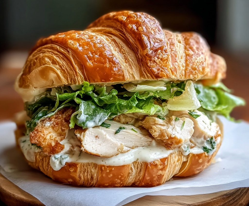 Delicious Chicken Caesar Croissant Sandwich with fresh lettuce and creamy dressing on a golden croissant.