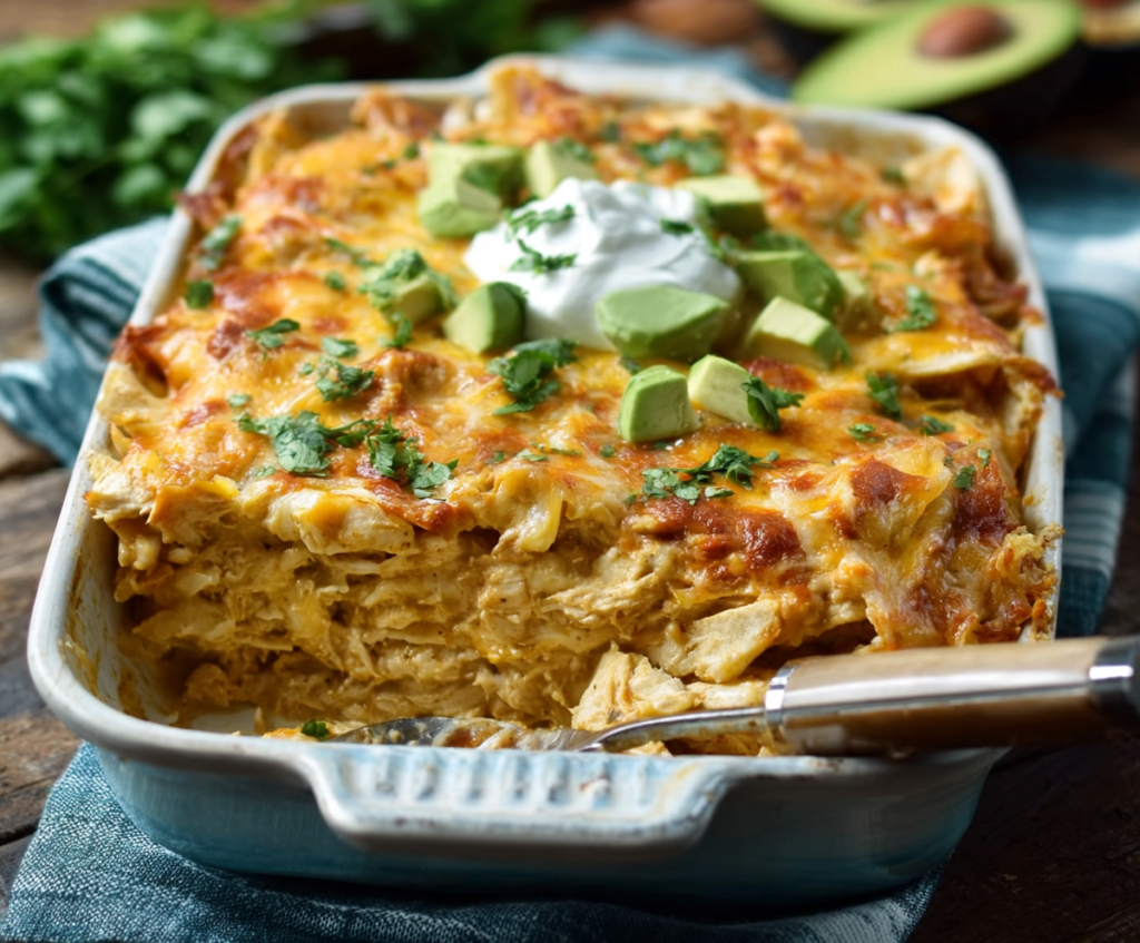 Delicious Chicken Enchilada Casserole topped with melted cheese and fresh cilantro.