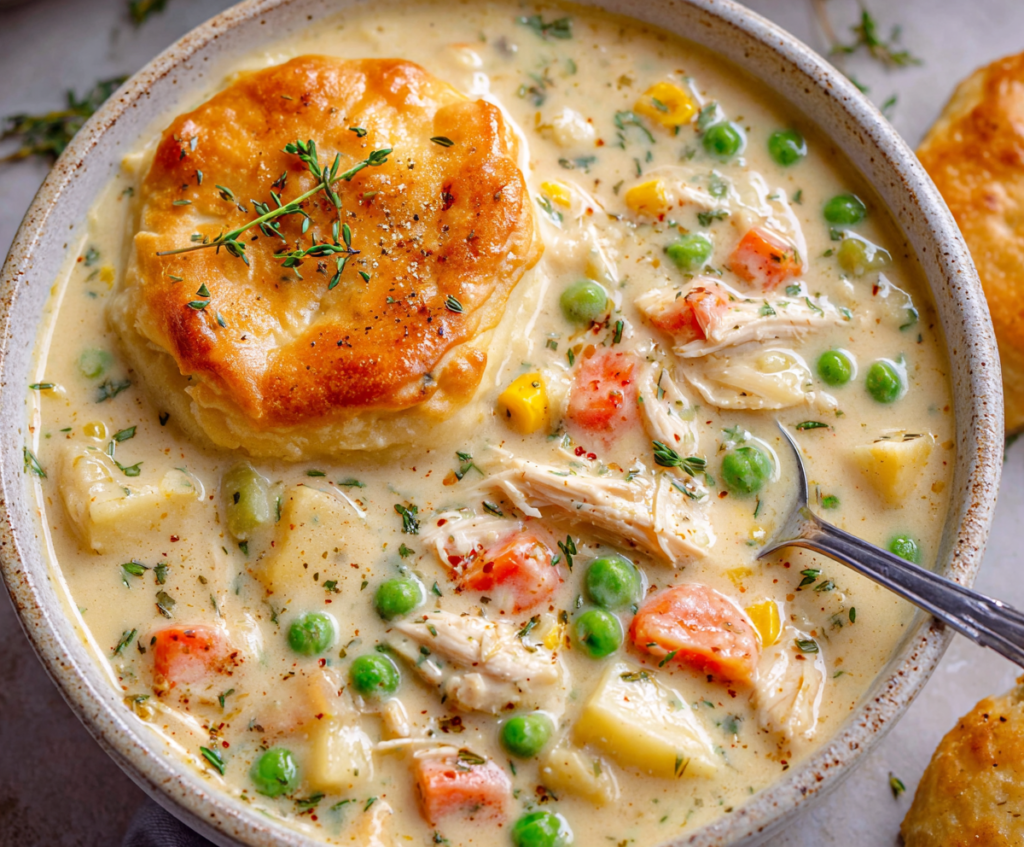 Creamy Chicken Pot Pie Soup in a bowl with flaky crust crumbles and fresh herbs