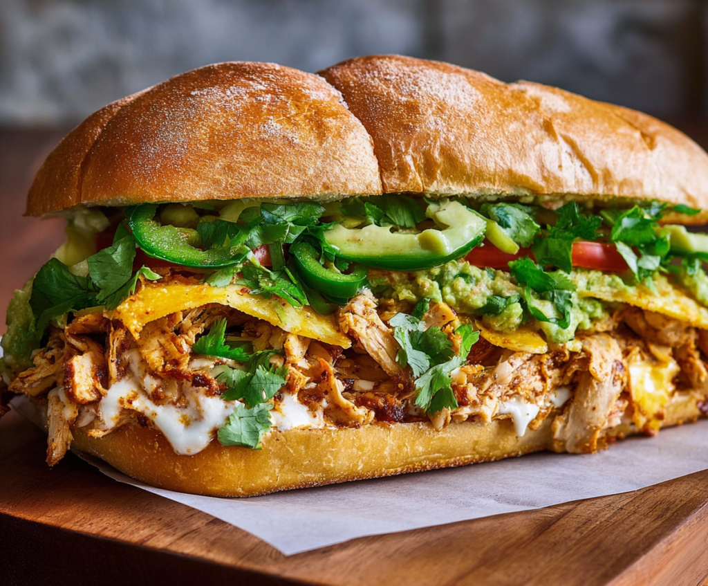 Delicious Chicken Torta Sandwich with crispy bread, shredded chicken, fresh vegetables, and melted cheese.