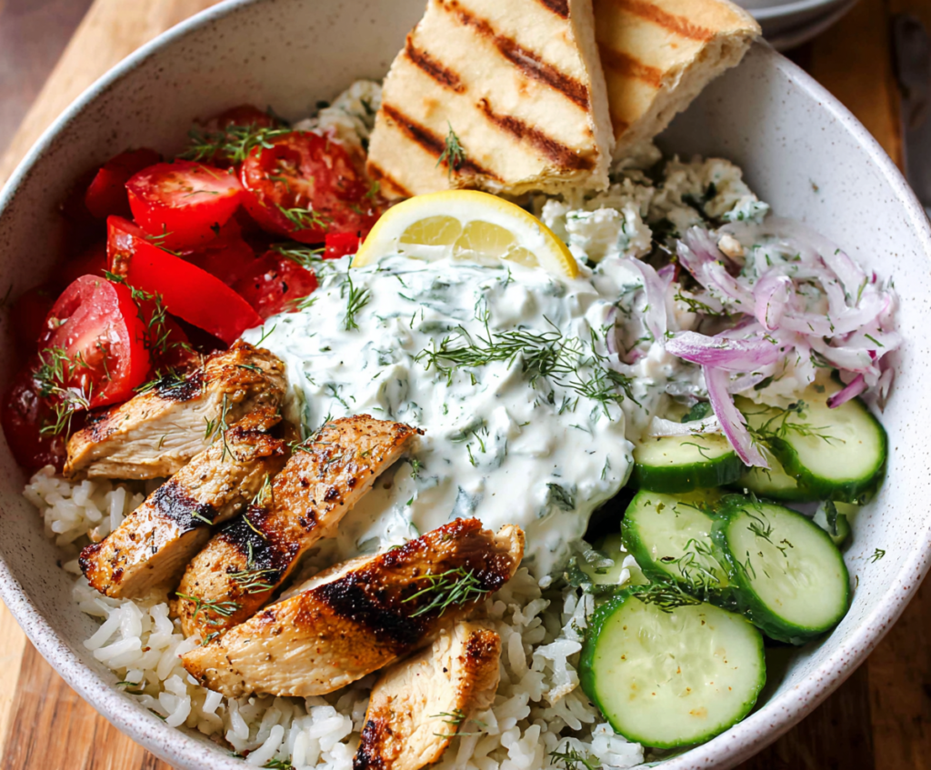 A delicious Chicken Tzatziki Bowl featuring grilled chicken, fresh vegetables, and creamy tzatziki sauce served in a rustic bowl.